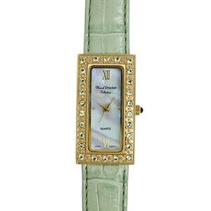 Marcel Drucker Ladies Tank Gold Plated Crystal Bezel Genuine Leather MOP Dial
